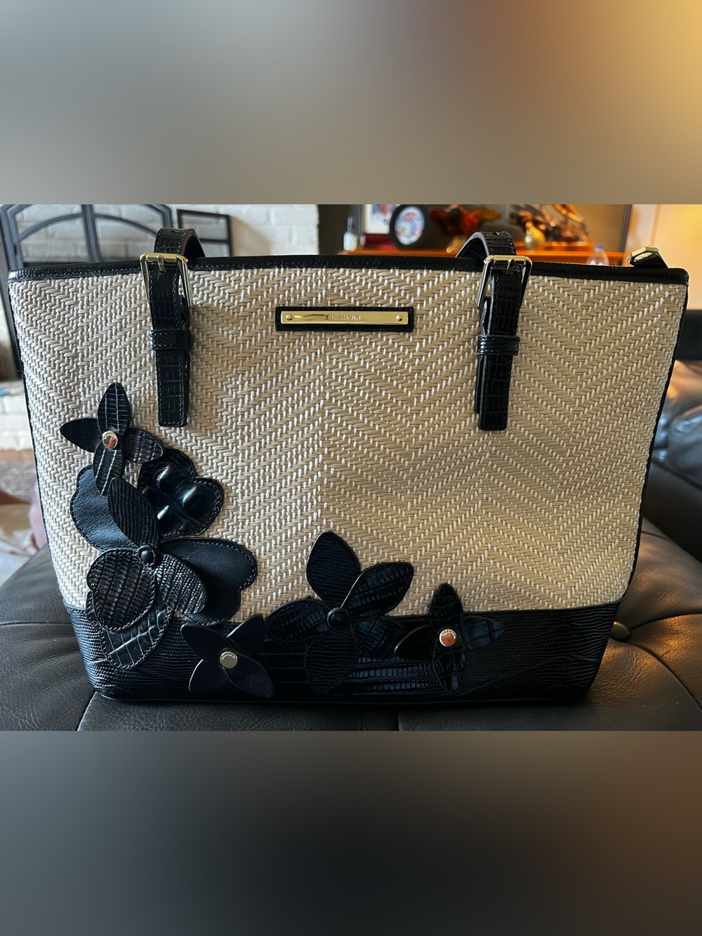 Brahmin Asher Straw with Black Leather Trim Tote Bag